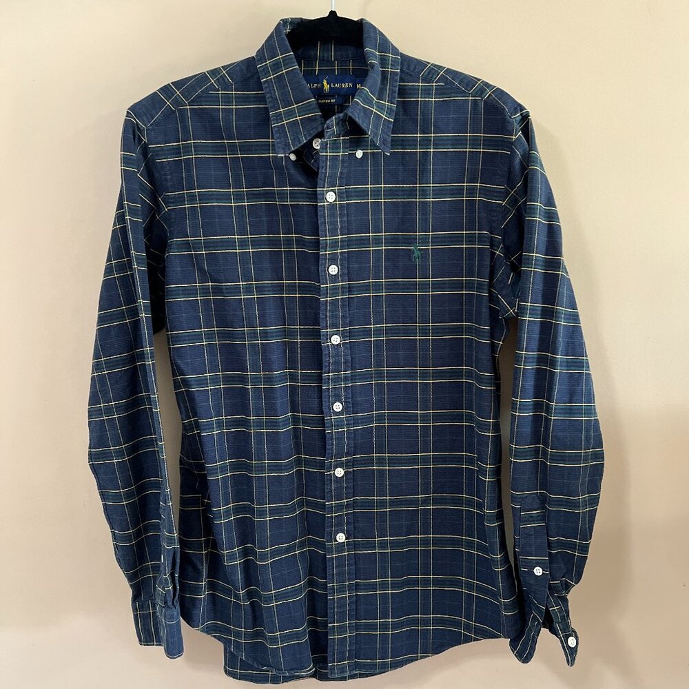 Ralph Lauren Shirt Men's Medium Navy-Blue Green Plaid Button Down 100% Cotton